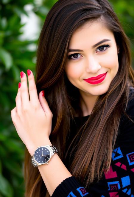 a young woman with long brown hair. She looks at the camera and smiles slightly. She has bright red lipstick and expressive eye makeup. A woman is dressed in black clothes with a bright geometric pattern on her sleeves, including blue, red and purple colors. A watch with a black dial and a metal bracelet is worn on her wrist. She holds her hand in her face, demonstrating a manicure with red varnish. Blur elements, including greens, are visible in the background.