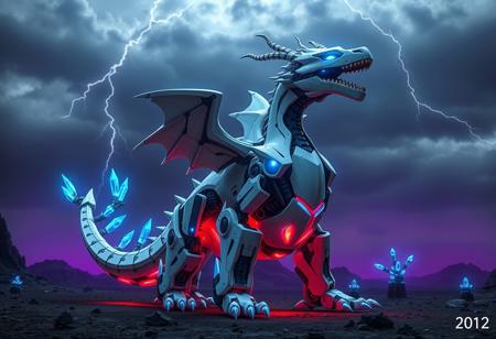 high quality, detailed, beautiful, masterpiece, correct anatomy, anatomically correct, realistic, mecha, mechanical dragon, machine, neon blue mechanical joints, neon blue eyes, glowing eyes, glowing blue wings, neon blue glowing teeth, neon blue glowing horns, neon blue glowing claws, tail, narrow waist, wide hips, white metal armour, glowing red metal armour under belly, intricately detailed metal armour,
the mecha resembles a dragon but it has a sleek design with very little curves, the mecha is standing on its hind legs with its arms raised as if it were to slam the ground, the mecha neck is arching back with its head facing the viewer, the mecha is looking at the viewer and is roaring , the mecha is making its presence known, the mecha looks fierce, imposing, awesome, its tail is swaying, dynamic pose, the mecha is very well built, dark sky, cloudy, lightning arching in the clouds, purple haze, wasteland, dark earth, neon blue glowing crystals, large crystals, rocks, craters,