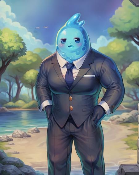 rippley, goo creature, goo humanoid, muscular male, standing, clothing, suit <lyco:rippley64d64c0182lokr-step00006000:1>, (by syuro:0.9), (by oouna:0.5) detailed background,