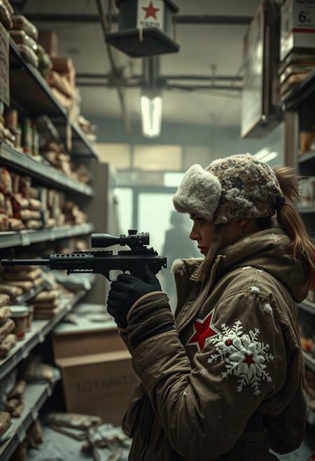 Post-Apocalyptic scene, looted grocery store, smashed shelves, food packaging littered, broken refrigerators, desperate graffiti Russian Female Sniper, Post-Apocalyptic Moscow, Female sniper, Russian Army Uniform, Tattered Snow-patterned Parka, Ushanka, red star insignia, Ponytail Haircut, ruined Moscow, snow-covered ruins, cold colors Focusing on Cinematic Storytelling Cinematic storytelling, Robert Capa photography, Masterful, Iconic, Detailed, Authentic, Close-up proximity, Emotional depth, Post-apocalyptic setting, Muted color palette, Warm beige tones, Soft light, High contrast, Authentic, Lifelike scenario, Detailed, Emotional, Historical accuracy, Immersive, Lifelike, Emotional, Authentic, Emotional close-ups, Cinematic lighting __4PAW__ . Fantasy, retro visual style, with a focus on vintage illustrations, muted colors, and a blend of fantasy and nostalgic elements, featuring a masterful use of composition, and a subtle use of texture and pattern to create a sense of nostalgia and retro charm, inspired by the works of Norman Rockwell and the retro paintings of Andrew Wyeth. The illustrations are imbued with a sense of nostalgia, evoking memories of a bygone era, with warm colors and gentle textures that invite the viewer to step into a different time and place
