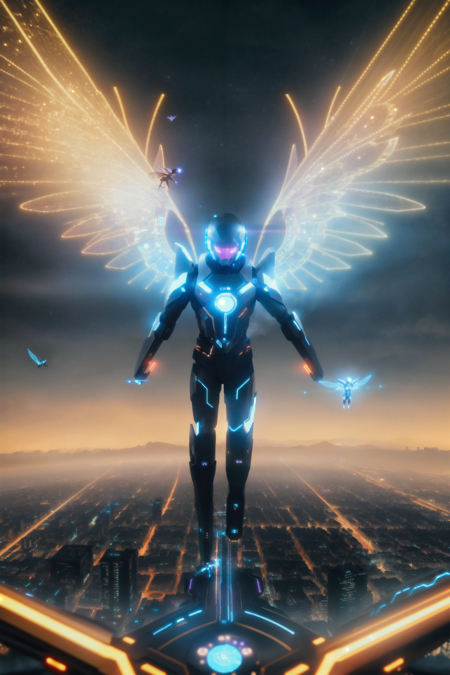 faerie flying over a city at night, glowing fae wings, holographic faerie wings
, sci-fi, futuristic, tron, cinematic
, photorealistic, hyper realistic, RAW photo, intricate details, Style-TronLegacy-12v-v2