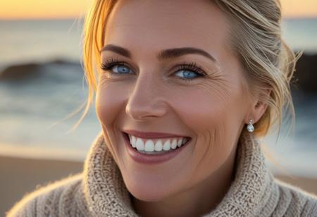 A hyper-detailed, high-resolution (8K) close-up portrait of a 40-year-old woman with sleek blonde hair tied back , wearing an oversized detailed beige knit sweater with delicate silver jewelry. Her striking blue eyes gleam with warmth, framed by delicate laugh lines that enhance her inviting charm. Subtle Wrinkles on her face, natural skin texture, Detailed natural skin, The background is a sunset beach, the golden hour, Shot with a Hasselblad H6D-100c medium-format camera, using a tight crop and shallow depth of field (f/2.8) to emphasize the fine details of her woolen sweater and natural skin texture. The lighting is warm and diffused, casting a golden glow reminiscent of a Thomas Kinkade painting.