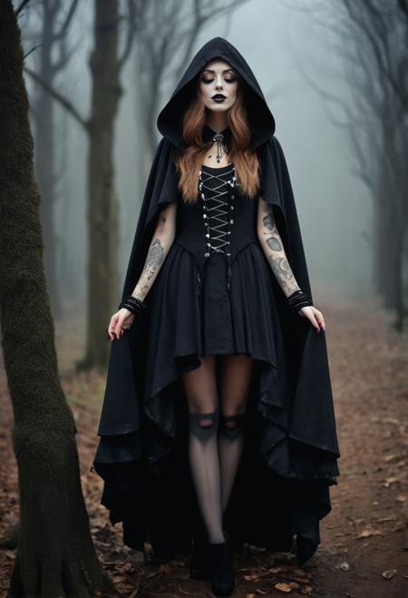 score_9, score_8_up, score_7_up  zPDXL3  (ghostly necromancer) young woman, slender build, medium ginger french braid hair, south african, dark skin, hazel eyes, slim build, extra long brown straight down hair, wearing a black hooded cloak, dark gray enchanted vest, layered robe bottom, suede shoes , black lipstick, intricate tattoos, spiked armband,tattered cape, set in forest, moonlit, beams of light filtering through branches, the sound of owls, a sense of wonder, during a storm  zPDXLrl