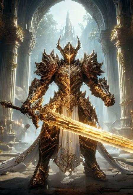 A digital illustration of  a majestic, armored figure standing in a grand and ethereal environment. The figure is adorned in elaborate white and gold armor with intricate designs, and is holding a large, glowing sword. The armor and the overall aesthetic suggest a character from a high fantasy setting, possibly an angelic or holy warrior, reminiscent of characters seen in video games, fantasy artwork, or literature. The character’s face is obscured by a hood or helmet, adding to the mysterious and imposing nature of the figure. The environment around the character includes columns and a misty atmosphere, contributing to the divine and otherworldly feel of the scene. The image conveys a sense of power, divinity, and grandeur.