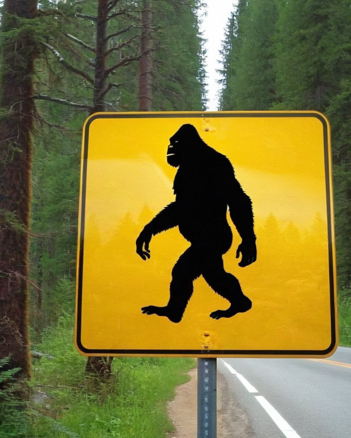 a photo of a road sign , Bigfoot Crossing Ahead:1.4, a road sign displaying the silhouette of a towering Bigfoot, humorous...