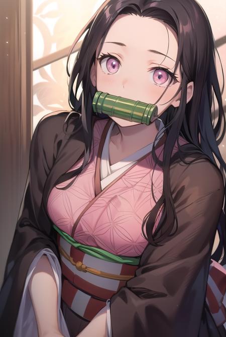 nezuko kamado, bamboo, bit gag, black hair, forehead, gag, gagged, hair ribbon, long hair, multicolored hair, (pink eyes:1.5), orange hair, slit pupils, wavy hair, two-tone hair, asa no ha (pattern), checkered sash, haori, japanese clothes, kimono, long sleeves, obi, pink kimono, sash, wariza,  wide sleeves