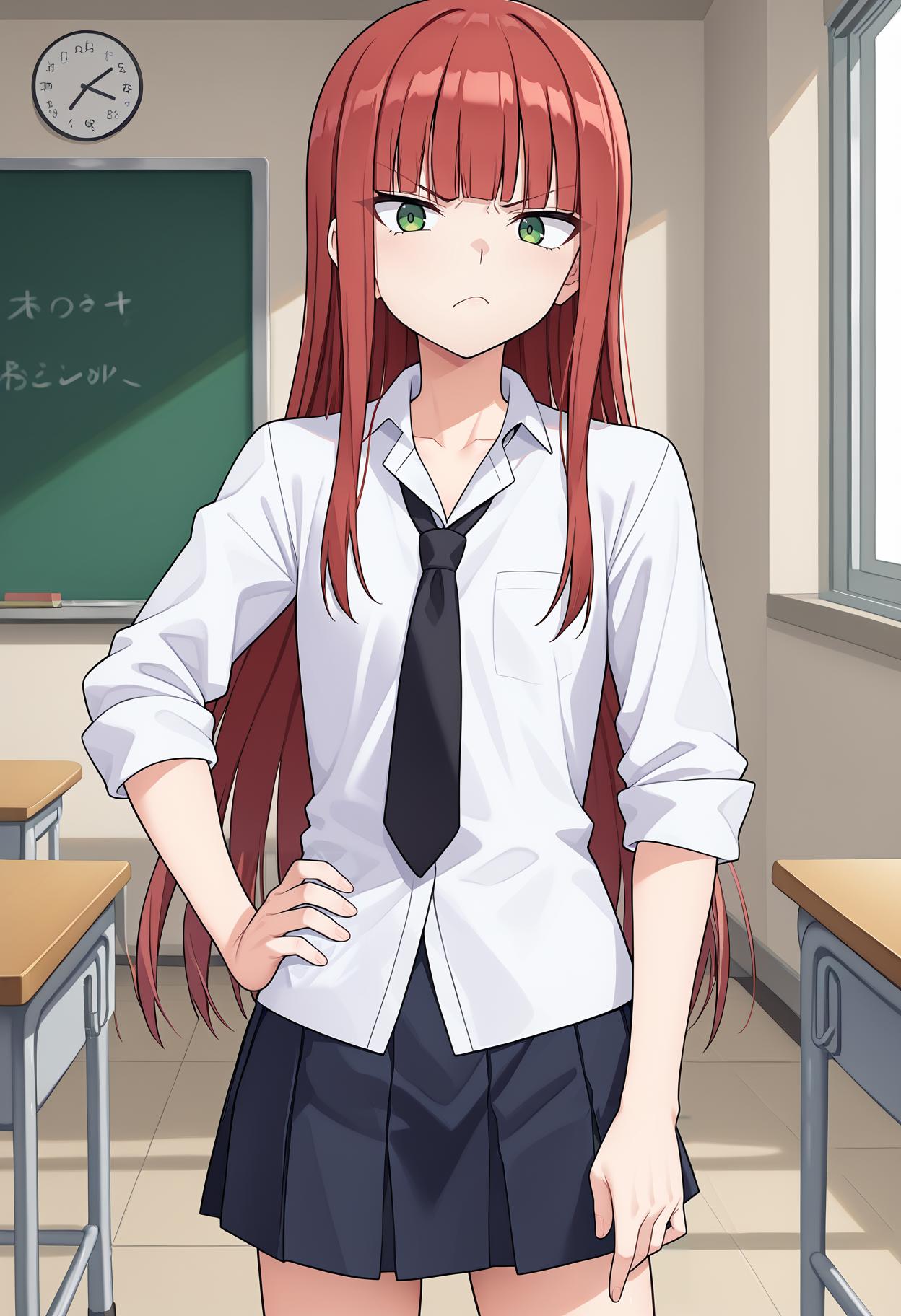 score_9, score_8_up, score_7_up, BREAK source_anime, score_9, score_8_up, score_7_up, BREAK source_anime, 1girl, small breasts, flat chest, long hair, red hair, blunt bangs, green eyes, white shirt, school uniform, black necktie, (untucked shirt:1.4), sleeves rolled up, (taut clothes:1.1), black skirt, hand on own hip, glaring, looking at viewer, classroom, standing <lora:hskc-untuckedshirt-pony-v0.5-000009:1>