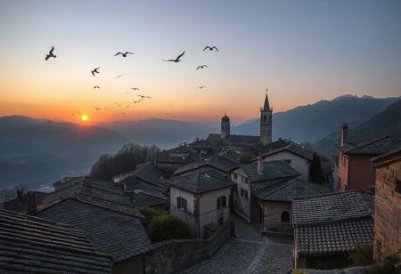 professional photo, photo of a distant old European mountain village with medieval cobblestone streets and an old cathedral, a small flock of birds fly over the town mere dots in the distance, at twilight, sun glows just over the horizon