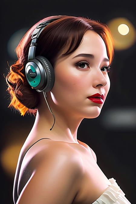 masterpiece, best quality, oil painting \(medium\), real, solo, 1girl, blonde hair, headphones, hair curls, read neon background, sound waves, red neon, white dress, musical note, red lipstick, medium hair, ringlets, red theme, hand on headphones, frills, puffy sleeves, short sleevesneon background, face close up, charturnerv2, pureerosface_v1, rim light, black background
