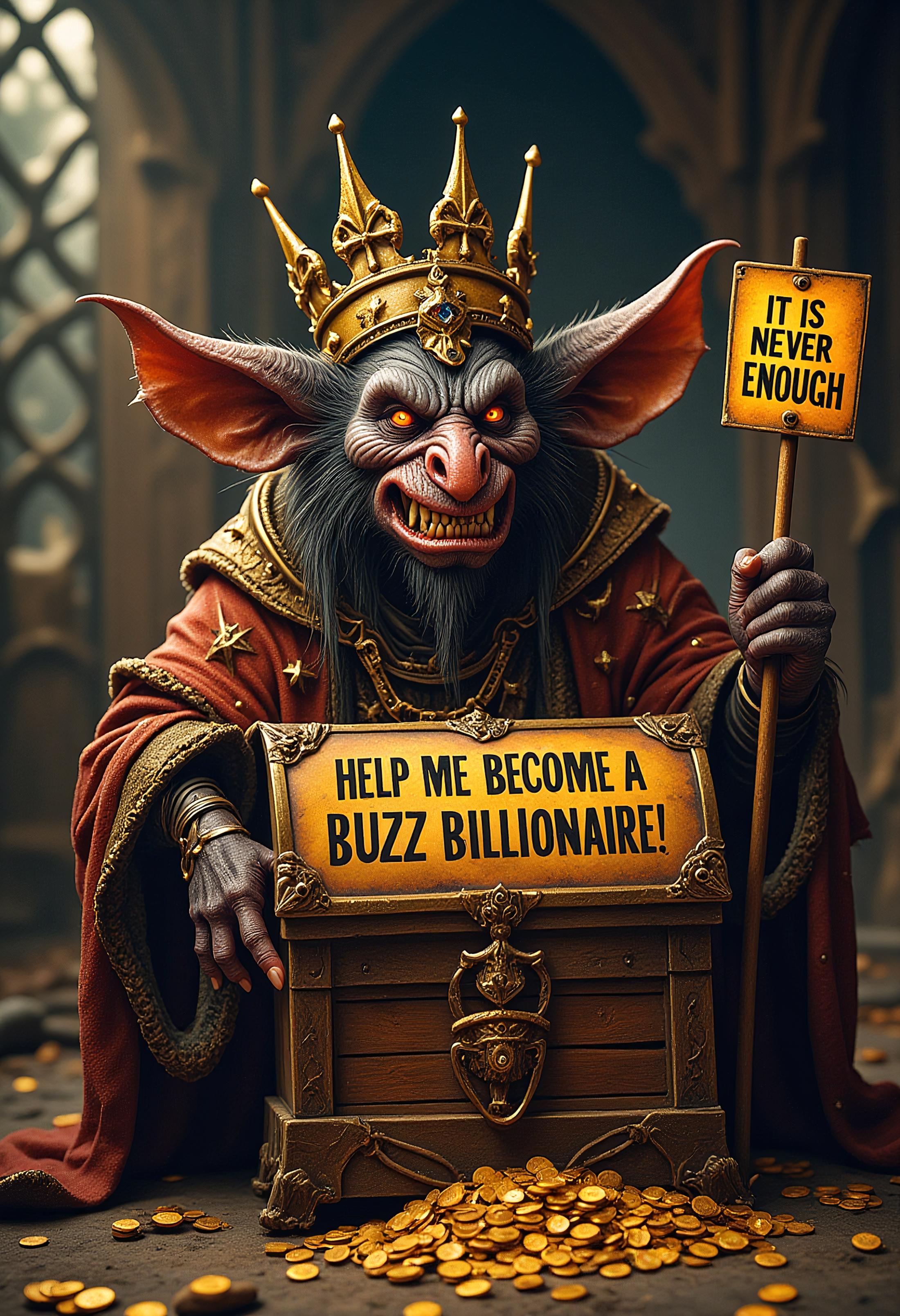 realistic scenery, ultra high quality, very detailed, a wealthy Skaven merchant sits in front of his treasure chest with a sign attached to it with text "HELP ME BECOME A BUZZ BILLIONAIRE!", wearing a golden crown, grim and greedy smile, coins on the ground, holding a second sign with text "IT IS NEVER ENOUGH" <lora:RPGv6-itr10>