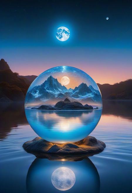 beautiful dreamland scene with the zodiac signs apearing in 3D from front to back,  moon is rising. A cristal globe emerge from the water, realistic: light brown and blue pastel ratio: encaustic, professional photography, natural lighting, volumetric lighting maximalist photoillustration: by Robert McCall and Roger Dean and Ryan Pancoast, 8k resolution concept art intricately detailed, complex, elegant, fantastical