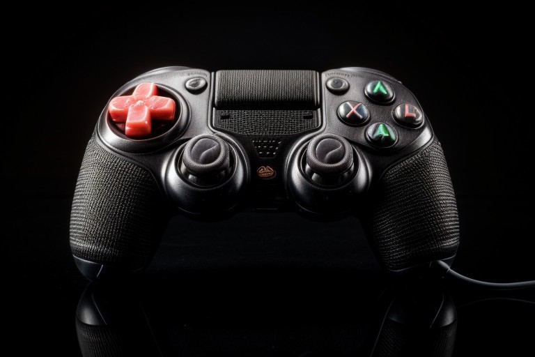 masterpiece, best quality, 8K, HDR, absurdres, intricate details, ciTron Legacy, photo of futuristic controller, neon details, controller, blurry background