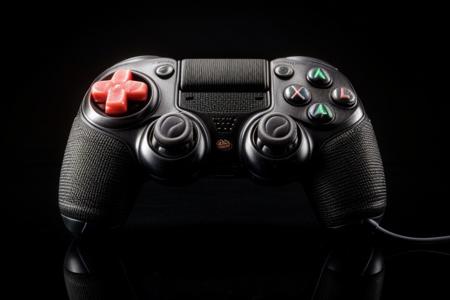masterpiece, best quality, 8K, HDR, absurdres, intricate details, ciTron Legacy, photo of futuristic controller, neon details, controller, blurry background