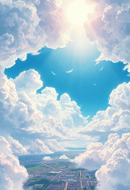 Vast anime-style sky with a massive textured cloud cover stretching across the entire scene, intricate structural cloud formations with detailed bumps and organic folds, scattered open gaps revealing patches of bright blue sky, cinematic view over a peaceful cityscape below, soft sunlight streaming through cloud breaks, pastel color palette (baby blue, soft white, light pink), highly detailed Ghibli-inspired artwork, hyper-realistic watercolor texture, dreamy and emotional atmosphere, 4K ultra-high resolution