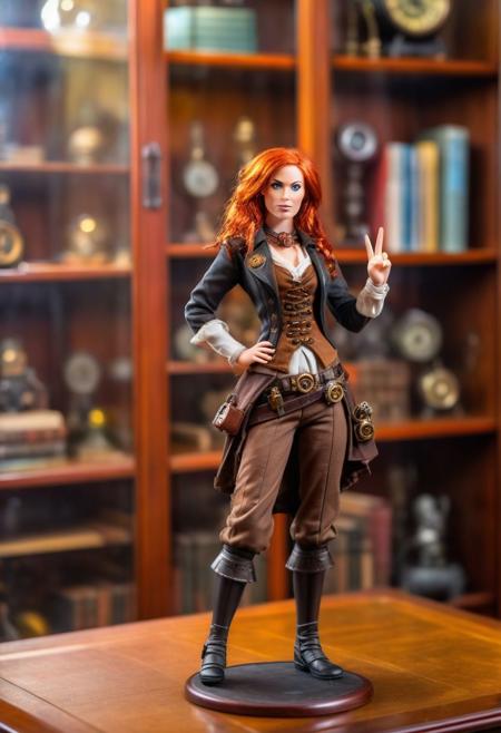 realistic action figure of a redhead girl in steampunk attire, hand on hip, peace sign, on a table, inside a glass case, bookcase in the background, high depth of field, bokeh,