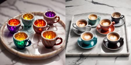 kcrstal17xl analog realistic Naturalism colour photo of a colourful espresso cups on a marble tray, very detailed, award-winning