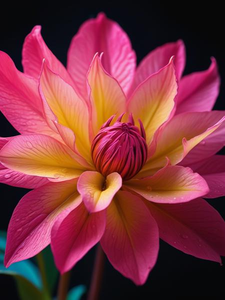a fictional plant with unusually shaped petals,macro shot,depth of field, Dark moody lighting, high resolution, (((masterpiece))),(((best quality))),((ultra-detailed)),  (Ombre color scheme of neon pink, neon yellow) RAW photo