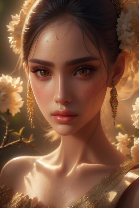 realistic,dramatic light ,young girl thai dress,holding jasmine flowers ,Exquisite Face, (Highly detailed face 1.2), highly detailed skin, skin pores, subsurface scattering, realistic pupils, high detail face, (highly detail eyes:1.2), full face blush, full lips,