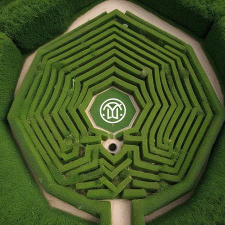 This is an aerial photograph of a green hedge maze shaped like the Civitai logo, located in the Summer Farm. The maze features the Civitai Hexagon logo in the center, surrounded by the words "BUZZ BUZZ." The hedges are green and meticulously arranged to form the intricate design. The surrounding area includes a dirt path and some trees, with a few people walking nearby. The overall scene is vibrant and well-maintained, capturing the essence of a grand hedge maze.