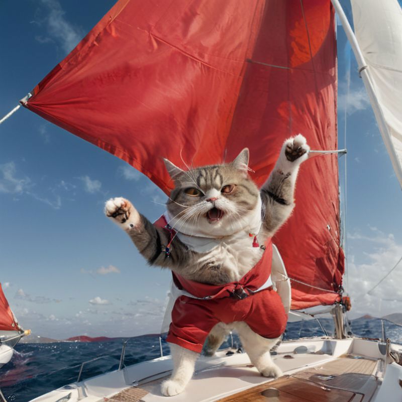A cat wearing a life vest and sailing on a boat.