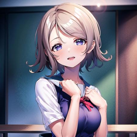 1girl, solo,(best quality),(masterpiece:1.1),(school uniform:1.4),dress, looking_at_viewer, neck_ribbon, studio background, cute, clear facial skin,