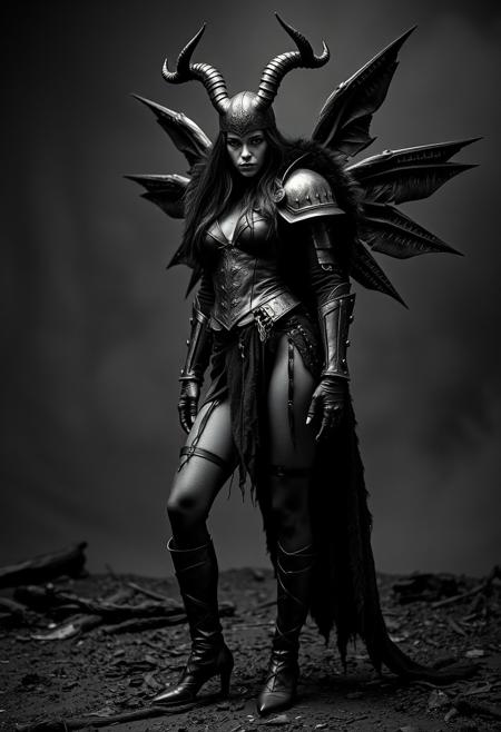 Valkyrie, heavy armour, leather sexy armour, she wears a fur capeline, black sexy clothes, relaxed standing pose, dirty black coal arms and hands, grotesque environment, extremely beautiful, by Joel Peter Witkin