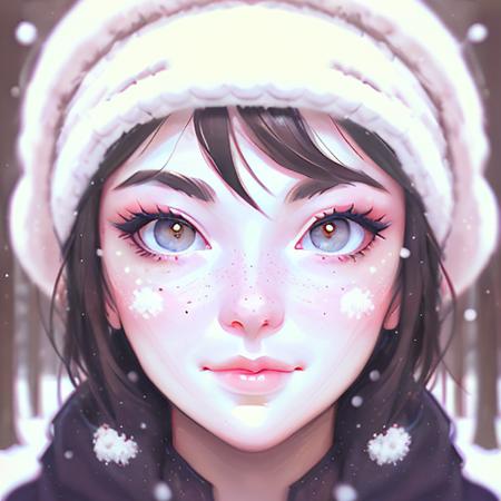 a portrait of a woman in snow, blush face