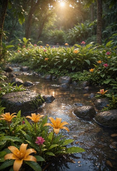 unreal engine 5 render,jungle,river,flowers,extremely detailed,colorful,, ultra quality, ultra detailed, intricate details, 8k, hdr, epic realistic, tilt-shift, Bokeh, dramatic light, dynamic lighting, golden hour, moody lighting, night time, shadow, award-winning, ultrarealistic, octane, cinematic<lora:macro_SDXL:1><lora:macro_SDXL:1>