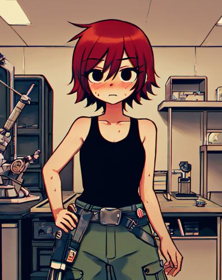 <lora:SakuraVRC:0.6> SakuraVRC, 1girl, solo, short hair, red hair, black eyes, hair between eyes, blush, jumpsuit, sleeveless, collarbone, (science fiction:1.3), indoors, spacecraft interior, cowboy shot, embarrassed, <lora:scottpilgrimvstheworld_v5_BryanLeeOMalley_Mix_3_7:1> scottpilgrimvstheworld, black eyes, blomalley, bloom, <lora:anti_longtorso_v10:1.5> messy hair, sweat, blurry background, tool belt,  <lora:ChromaticAberration:0.3>, (masterpiece, best quality:1.3),