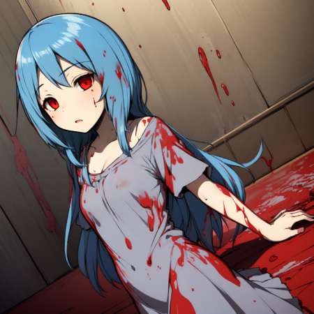 Enri a young woman dressed in blue, indoors, room background, 1girl, solo, long hair, blush, blue hair, red eyes, dress, a creepy cartoon character dressed up in a blood splattered and gray dress, 1girl, solo, red eyes, long hair, blood, blue hair, indoors, room background,