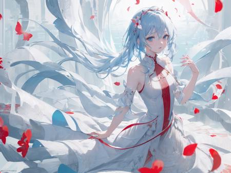 8k Wallpaper,grand,(((masterpiece))), (((best quality))), ((ultra-detailed)), (illustration), ((an extremely delicate and beautiful)),dynamic angle,, 1girl,solo,yanhe, <lora:yanhe:0.96>,water,corrugated,flowers tire,atlantis,transparent glass,beautiful detailed dress,Flying red petals,Holy lighting,flower,butterfly,{{{HolyLight}}}