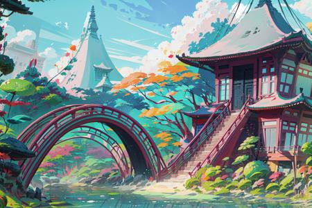 best quality,masterpiece,2D ConceptualDesign, scenery, outdoors, bridge, east asian architecture, tree, cloud, architecture, lily pad, sky, day, pagoda, water, river <lora:Stylized Concept design CG:1>