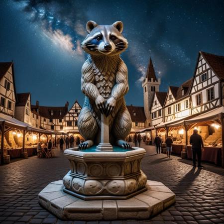 medieval era, stone raccoon statue, medieval marketplace, night sky, medieval stalls, fountain,