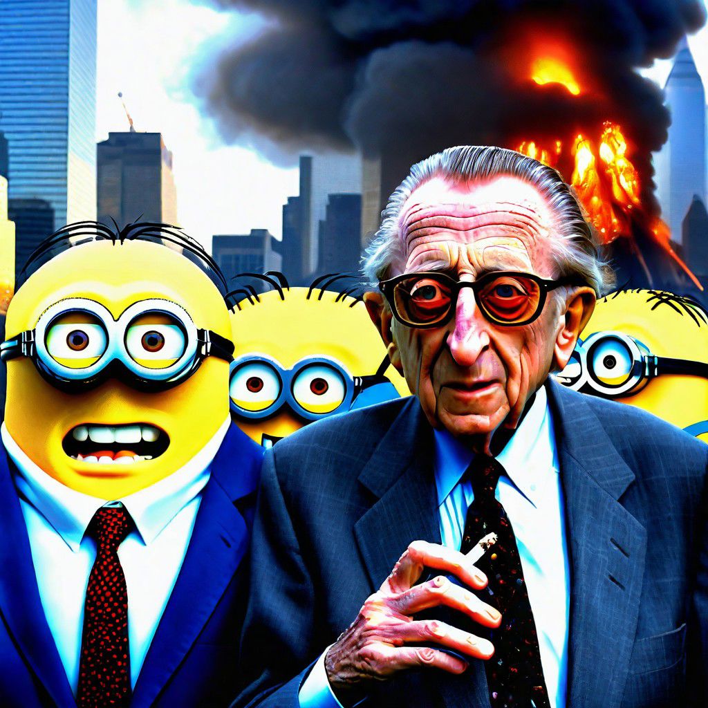 Larry Silverstein with minions while the World Trade Center is on fire and smoking