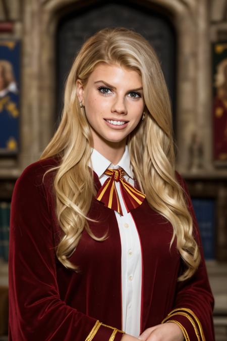 Professional photograph of a wizard woman, (up close portrait) she's 28 years old, she's <lora:charlottemckinney:1> charlottemckinney, she is wearing a black wizard's robe, hogwarts style. Shes' got blonde hair combed to the sides. She's nerdy. She's smiling at the viewer, standing in (Hogwarts) - beautiful common room, it's a large living room with wood furniture, a fireplace, paintings on the walls, and red velvet carpet on the ground. (She's wearing a dark robe with a white shirt) she's wearing a (striped red and gold tie). She's tall and pretty, freckled, and has a toothy smile. Looks like a nerd. 8k, masterpiece, highest quality, fantasy genre. (She's from Gryffindor.) harry potter genre. Bokeh, contrasting colours, warm lighting, British school scene, highest quality