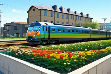 a photo of the nice Isometric_Dreams, a painting of a flower in a vase with a train on it's side and a building in the background