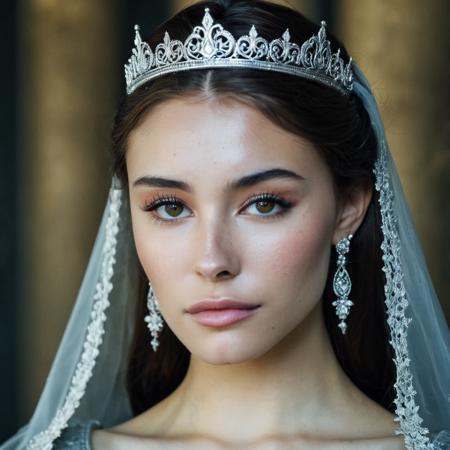 mabeer, (Skin texture, pores, blemishes), Super high res portrait photo of an actress dressed as a medieval queen with a delicate tiara on her head,f /2.8, Canon, 85mm,cinematic, high quality, skin texture, looking at the camera, skin imperfections,  <lora:mabeer_xl_1_standard_merger_19_29_48_98_03_03_02_02:1>