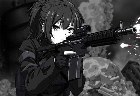 Hyperrealistic black and white image in a gritty, real-world style of a serious and intense anime girl. She is not cute but rather hardened, wearing a tactical black suit. The suit is slightly worn, suggesting battle experience. She is holding and aiming an assault rifle with precision, as if she’s locked onto a target. The rifle is sleek, with subtle signs of wear and tear, adding to the realism. There are sparks and muzzle flashes as she fires at an unseen enemy, with spent shells ejecting from the rifle. Her expression is cold and focused, with a slight hint of determination. The background is dark and blurred, hinting at a chaotic battlefield with smoke and debris, adding to the tense and dramatic atmosphere. The overall tone is intense, with sharp contrasts and detailed shading, capturing a moment of fierce combat.
