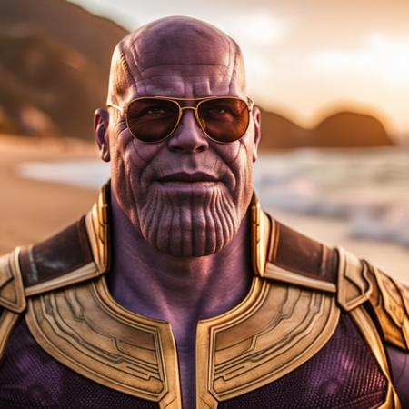 Thanos1024, a man, close up face portrait, wears sunglasses and a hippy blouse, smile, beach, sunset, highly detailed , photography, ultra sharp, film, bokeh, professional, 4k  <lora:add-detail-xl:1.5>  <lora:Thanos1024-000360:0.5>