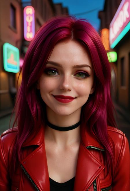 detailed close-up portrait of a woman smiling for her self and looking down, intricate details, ai-generated, (masterpiece:1.2), (best quality:1.2), (very aesthetic:1.2), (absurdres:1.2), (detailed background),newest, perfect anatomy, hair dyed in magenta and lime green, red leather jacket, plunged neckline, neon lights, street, night-time.
VioletGPT,  long blood-red hair,, pale freckled skin,, bold smoky eye makeup,, glossy crimson lips,, sharp cheekbones,, black choker,