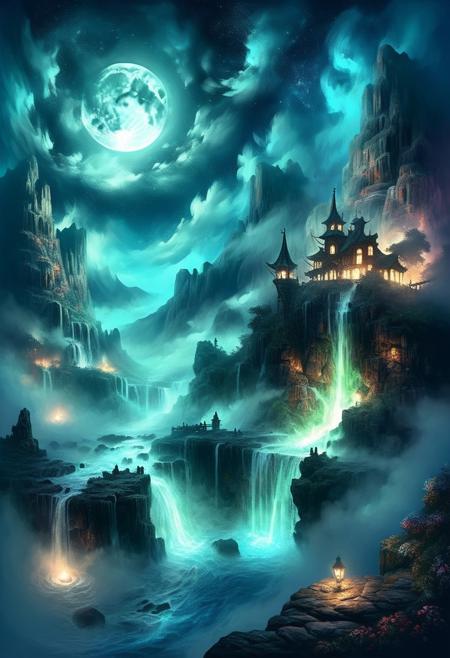 (by Ellen Jewett:1.5), (Bioluminescent Impressionism, , The Dreamland, Under the eerie glow of a blue crescent moon, a bright and wonderous landscape unfolds . A vibrant, and glowing brown lumenarium flying ship flies over a wonderful landscape of  great, yet lush canyones  with waterfalls.  Its black paint contrasts starkly with the wonderous atmosphere. In the background, more waterfalls cascades down jagged rocks,the water glistening in the moonlight. urithiru, tower city, up on a mountain,  Thick,s wirling clouds loom overhead,adding to the sense of a magical presence. The moonlight filters through the clouds,casting an otherworldly glow over the scene. The air is thick with mysticism,as if the very night holds ancient secrets and powerful magic.  [romantic impressionism,dream scenery art,beautiful oil matte painting,romantic,style of thomas kinkade,beautiful digital painting,anime landscape,romantic painting,dreamlike digital painting,colorful painting,beautiful gorgeous digital art,style of greg rutkowski,janek sedlar,jenny saville:0]  <lora:vivid_everclear:0.35>  <lora:Sinozick:0.35>  <lora:MJ52:0.35>, view from above,  biotech emotion:1.3) <lora:xl_more_art-full_v1:0.5> <lora:add-detail-xl:1> <lora:RMSDXL_Creative:2>, GhostlyStyle