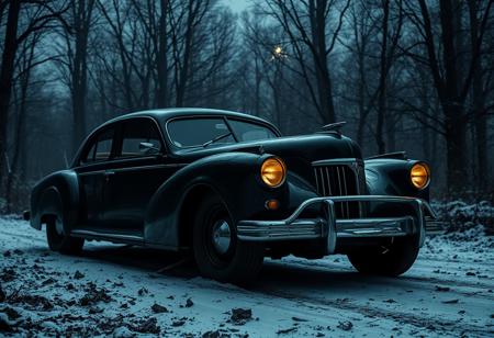 black car made by h. p. lovecraft, full view, horror, night