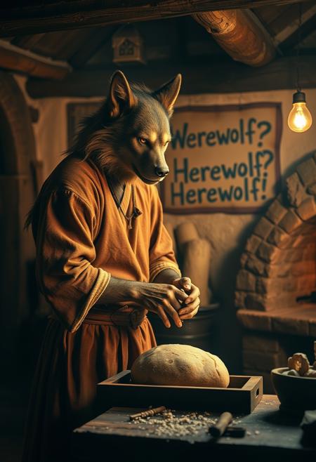 A werewolf baker wearing brown flax clothes is kneading bread in a medieval cottage. On the background there's wall art with the text "Werewolf? Herewolf!". There's a stone oven on the side., Volumetric light, atmospheric, cinematic, realistic, magical, mythical
