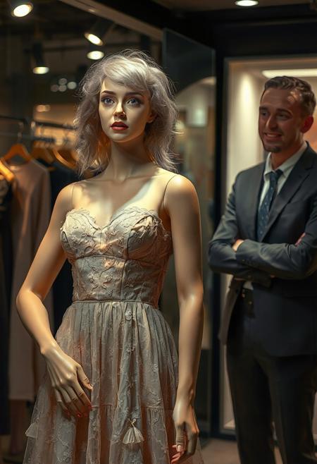 a realistic full-body image of a beautiful woman in a lovely dress being transformed into a living  store mannequin in a clothes store. The scene has atmospheric, soft ambient lighting, providing clear detail. The woman looks surprised, with expressions of wonder and curiosity. Her transformation is halfway, featuring clearly distinct mannequin elements like joints, seams, and her hair slowly turning into a wig. She is in a mannequin pose. A human manager watches with amusement. Ensure high detail, sharp focus, balanced shadows, and harmonious colours to capture the surreal transformation.