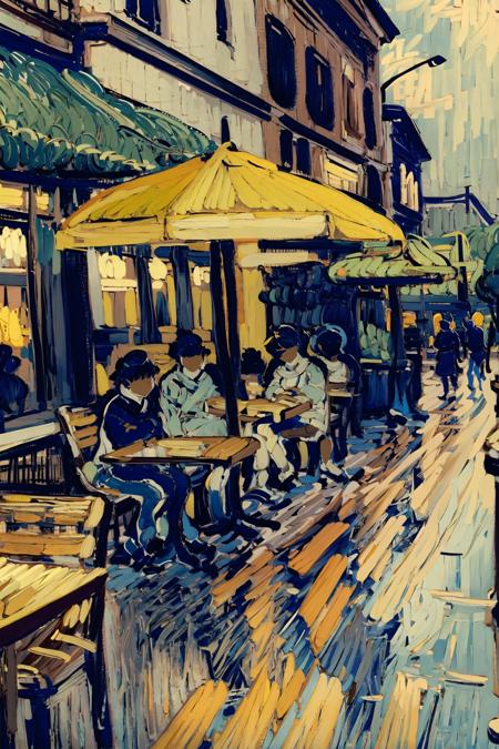 vg,<lora:vgv1-000009:.9>,tables and chairs and people in a coffee shop on a city street,rain,details,cars