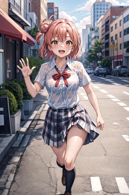 (masterpiece, best quality, detailed), 1girl, solo, running, full body, waving, looking at viewer, open mouth, smile, outdoors, sweat, (wet shirt:0.8), street, city, traffic light,
yuigahama yui, school uniform, white shirt, plaid skirt, kneehighs, loafers <lora:YuigahamaYuiV2_3-000005:1> <lora:more_details:0.4>