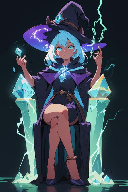 (bioluminescence:0.8), 1girl, mage, witch hat, (crystal:1.1), darkness, vibrant colors, dark background, beautiful 8k wallpaper, sitting on a crystal throne, crossed legs, electricity, masterpiece, best quality