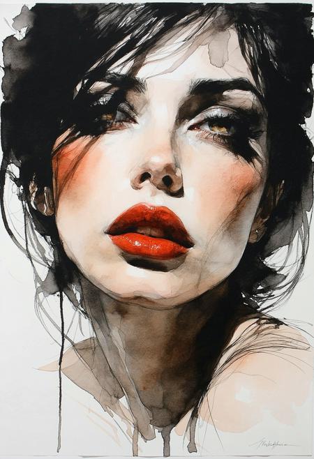 Ink art, watercolour, charcoal, realistic style. Petulant ingénue, sultry pout, teasing gaze directly challenging viewer. Intimate extreme close-up on expressive eyes, lips. Smudged charcoal background. Artistry evokes Egon Schiele's raw linework, Arthur Rackham's delicate watercolour washes. Soft directional light creates subtle chiaroscuro. Desaturated earth tones, stark black ink, muted crimson lips. Velvety charcoal smudges, translucent watercolour bleeds, matte paper. Playful defiance, intimate provocation: wisps of stray hair, knowing glint in her eyes.