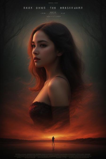 movieposter, Embrace the surreal aesthetic with hyperkraximalism as vibrant hues dance around her figure, evoking the fluidity of water and the gentle sway of leaves. In this medium portrait shot, a soft rim light gently illuminates her silhouette against a backdrop of shadow, casting an enigmatic aura. Surreal and captivating, this artwork invites viewers to explore the boundary between reality and the uncanny, where clouds merge with dreams and colors paint a mesmerizing  scene., cinematic impresionist, masterpiece layout design, cinematic cloud of red smoke font design, movie poster design , 100 shade of Darkness