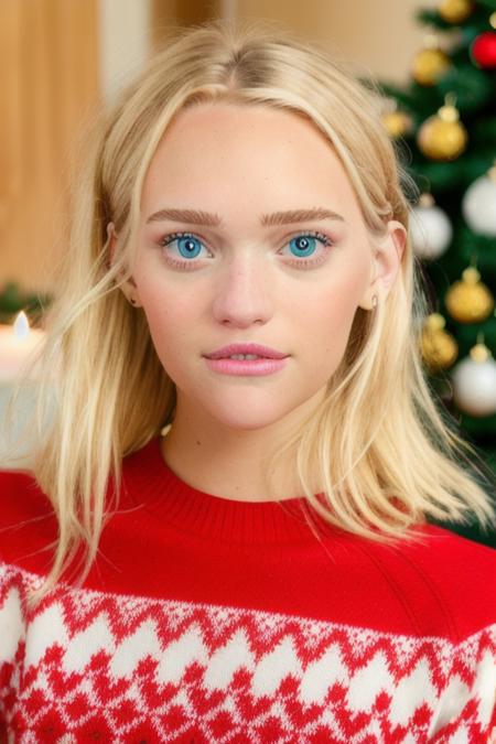 a naturally beautiful blonde woman, in a red christmas sweater, at home for the hollidays, [upper body], (close up), cute face, 8k, raw, uhd, fujifilm x-t3, ((candid, amateur)), stunning eyes, <lora:gemmaWard:1>, huge eyes